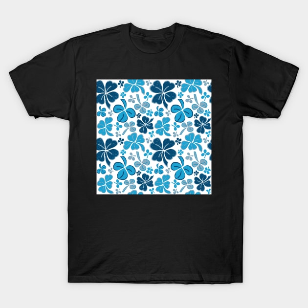 Blue Lucky Clover Hand Drawn Pattern T-Shirt by OneLook